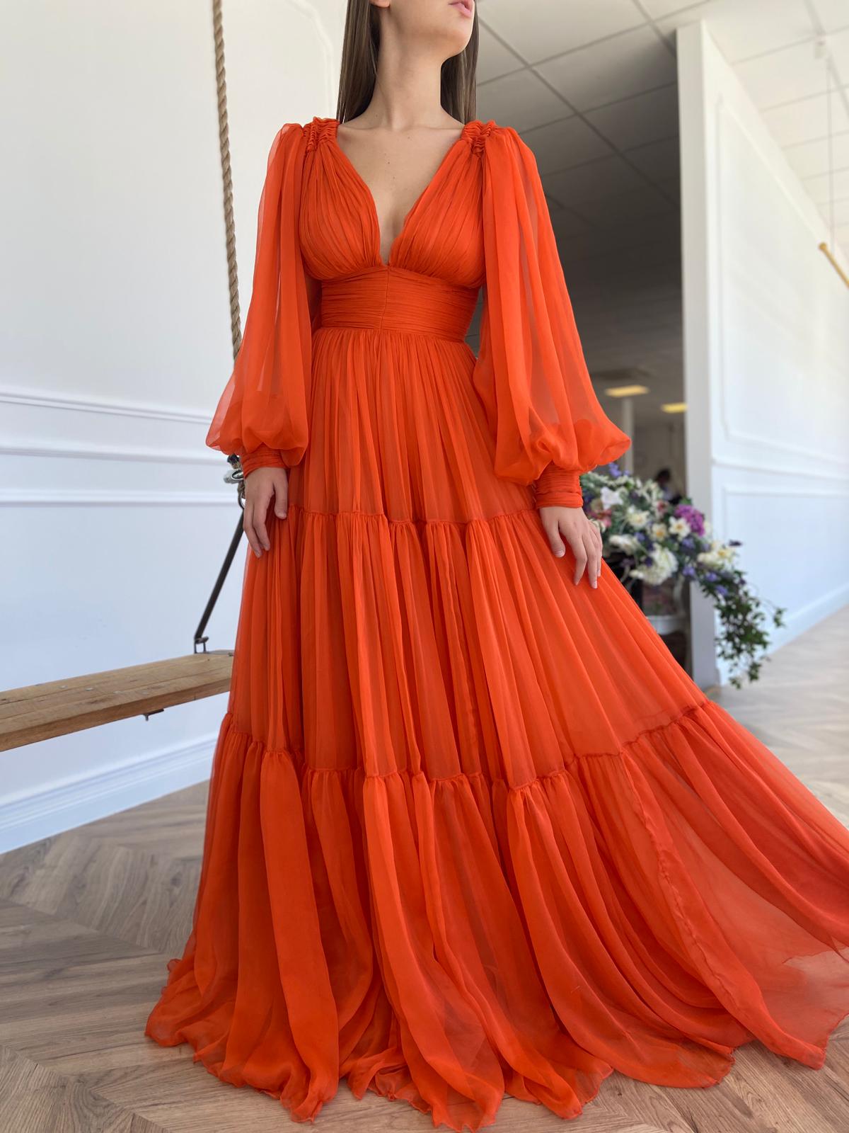 Orange A-Line dress with v-neck and long sleeves