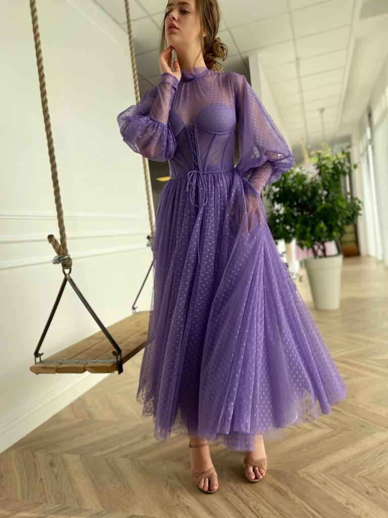 Purple midi dotted dress with long sleeves