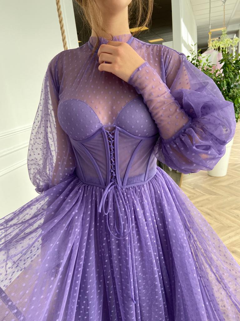 Purple midi dotted dress with long sleeves