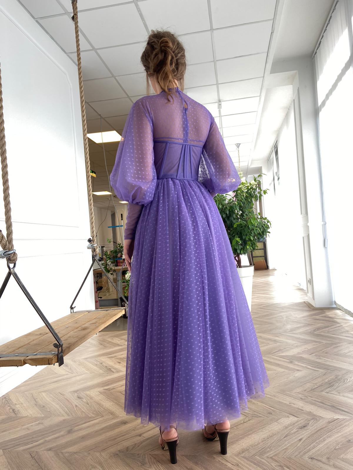 Purple midi dotted dress with long sleeves