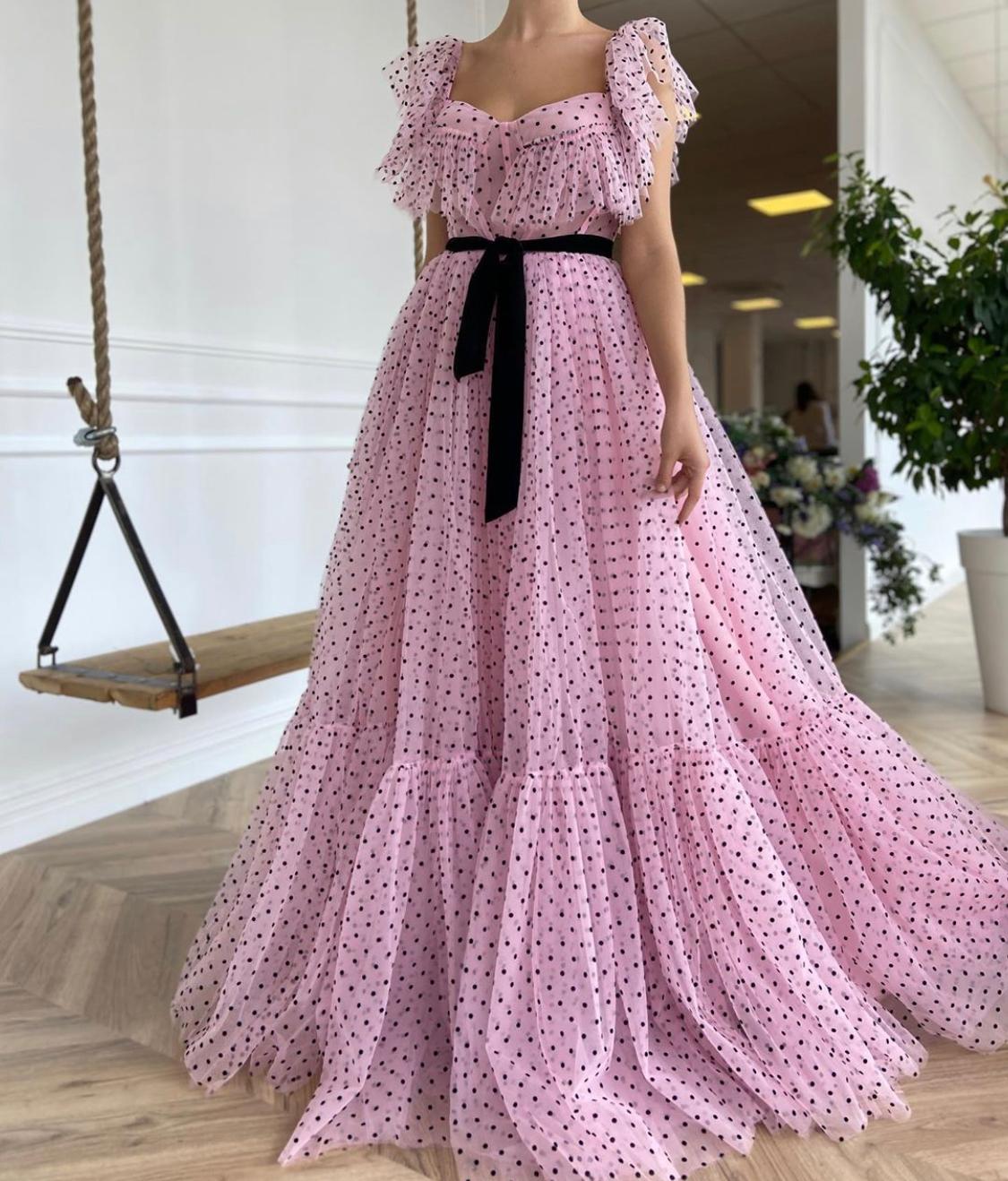 Pink A-Line dotted dress with spaghetti straps and off the shoulder sleeves