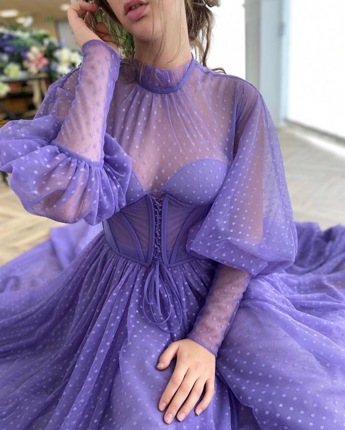 Purple midi dotted dress with long sleeves