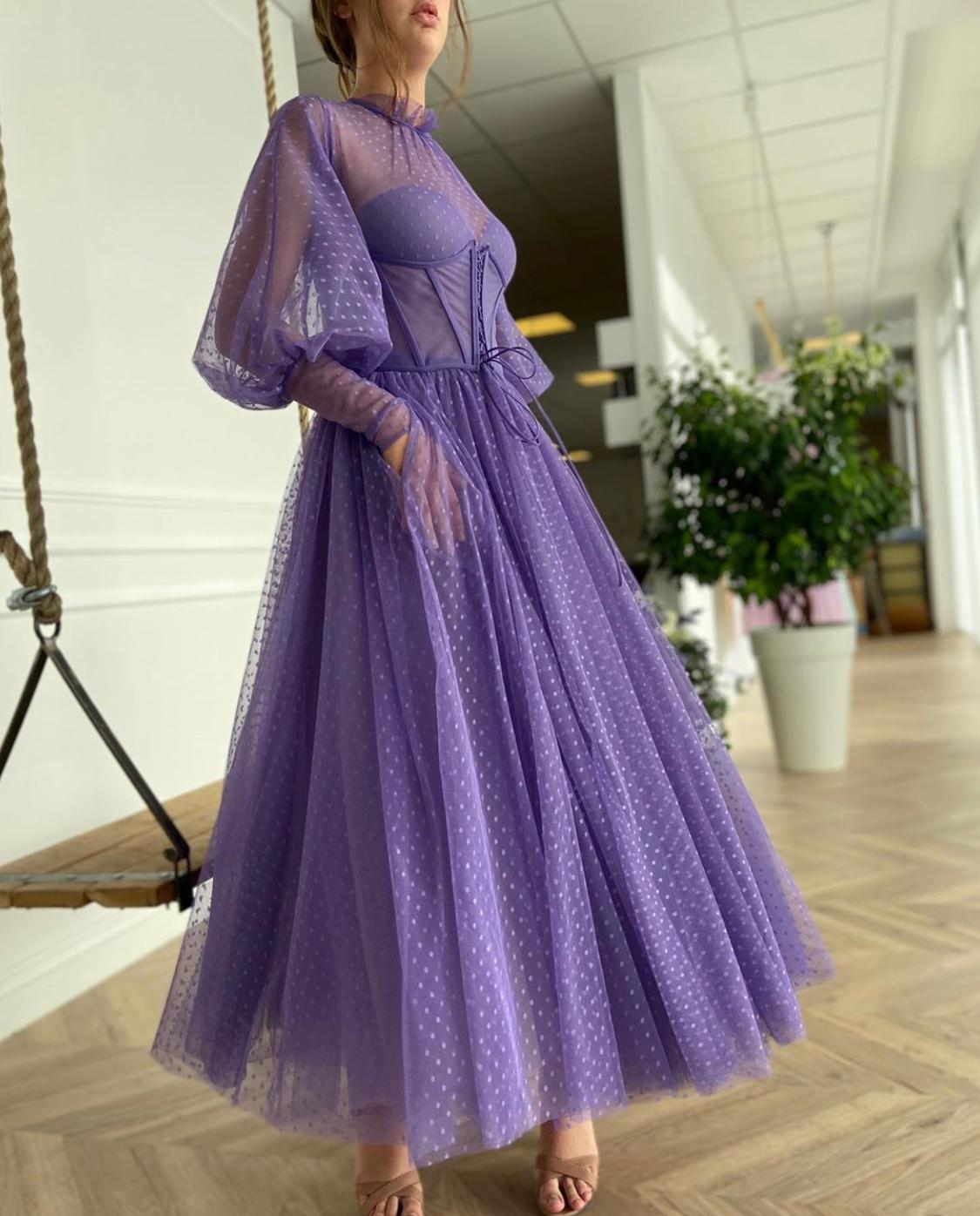 Purple midi dotted dress with long sleeves