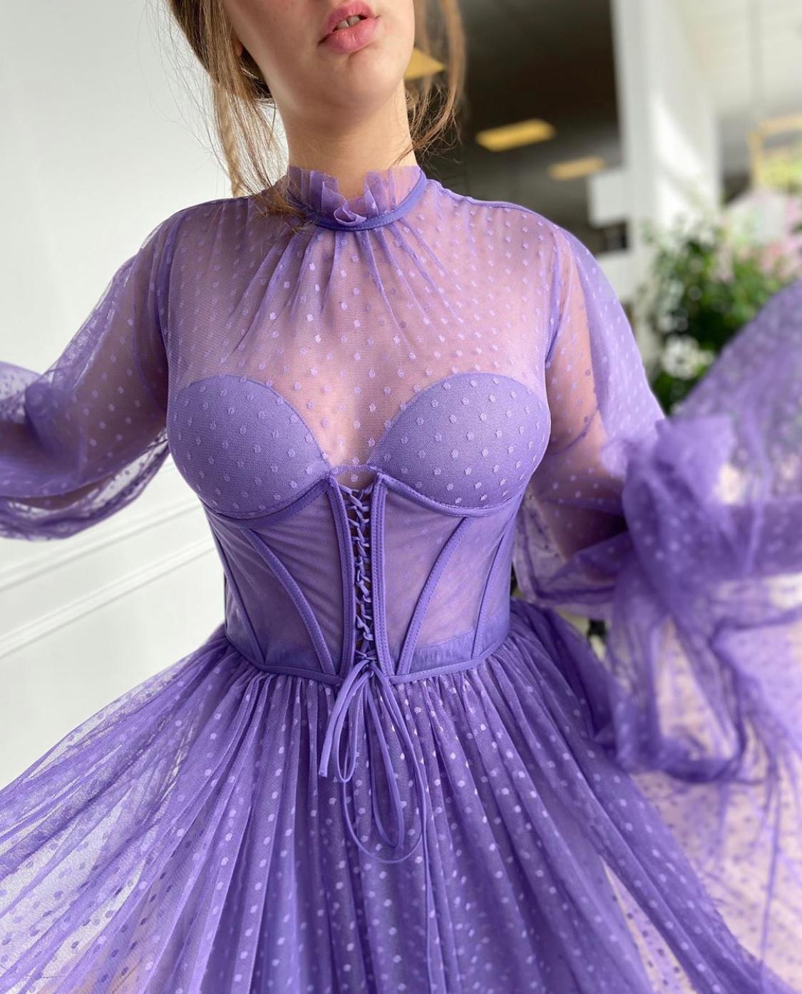 Purple midi dotted dress with long sleeves