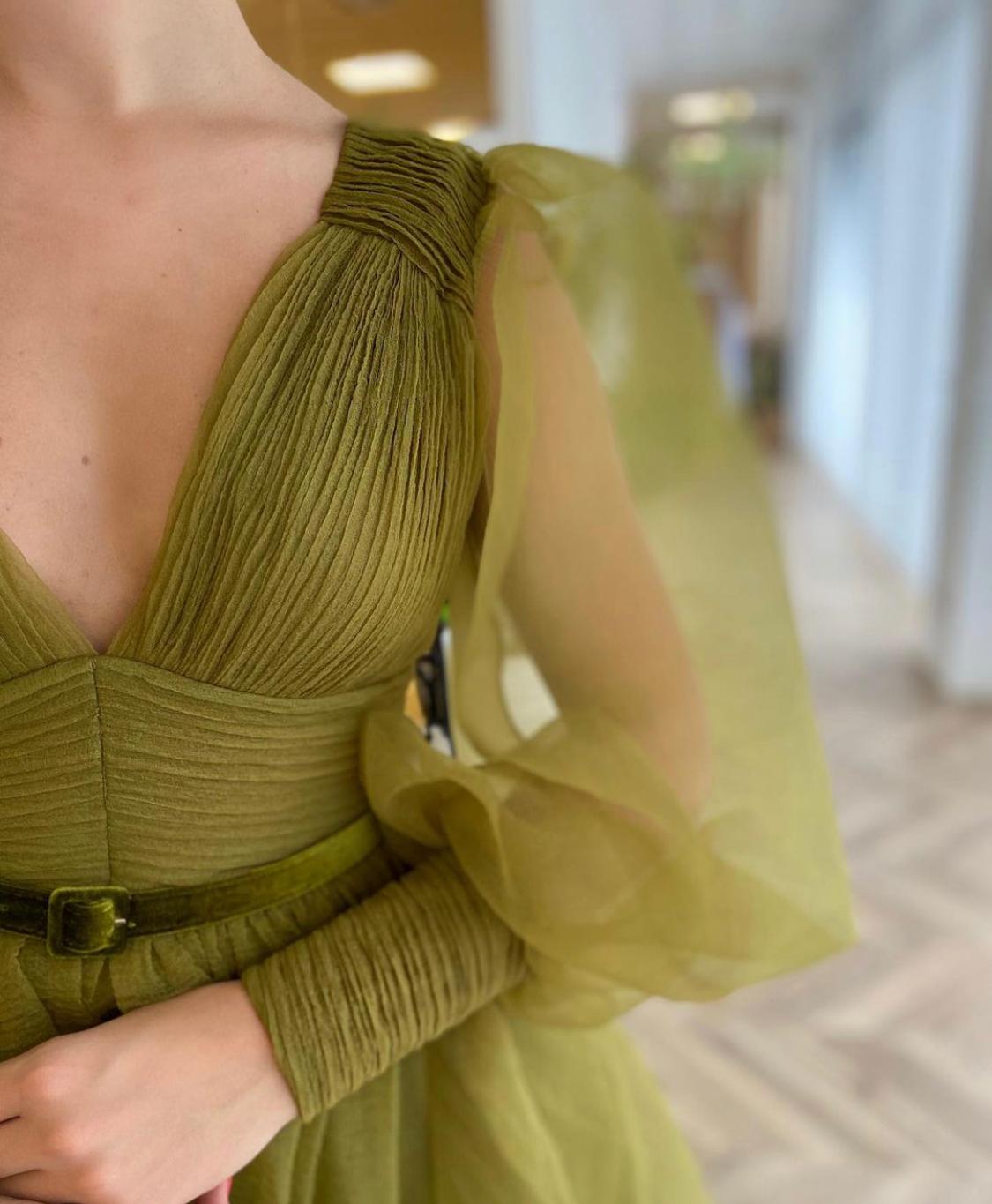 Green A-Line dress with v-neck and long sleeves