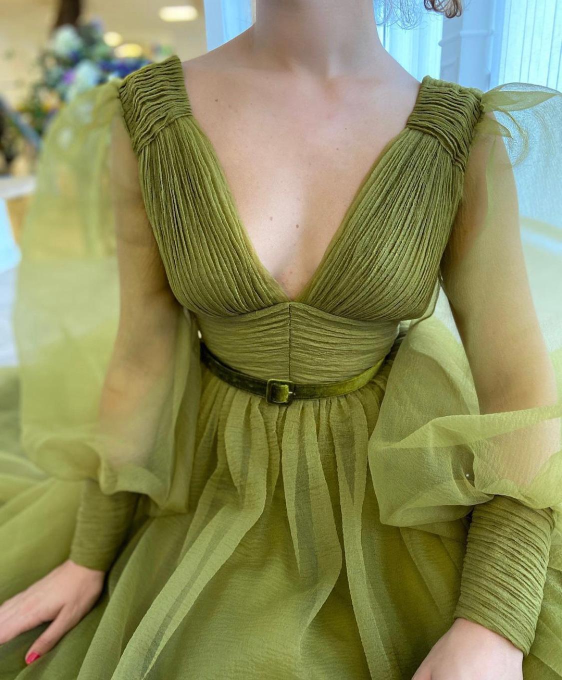 Green A-Line dress with v-neck and long sleeves