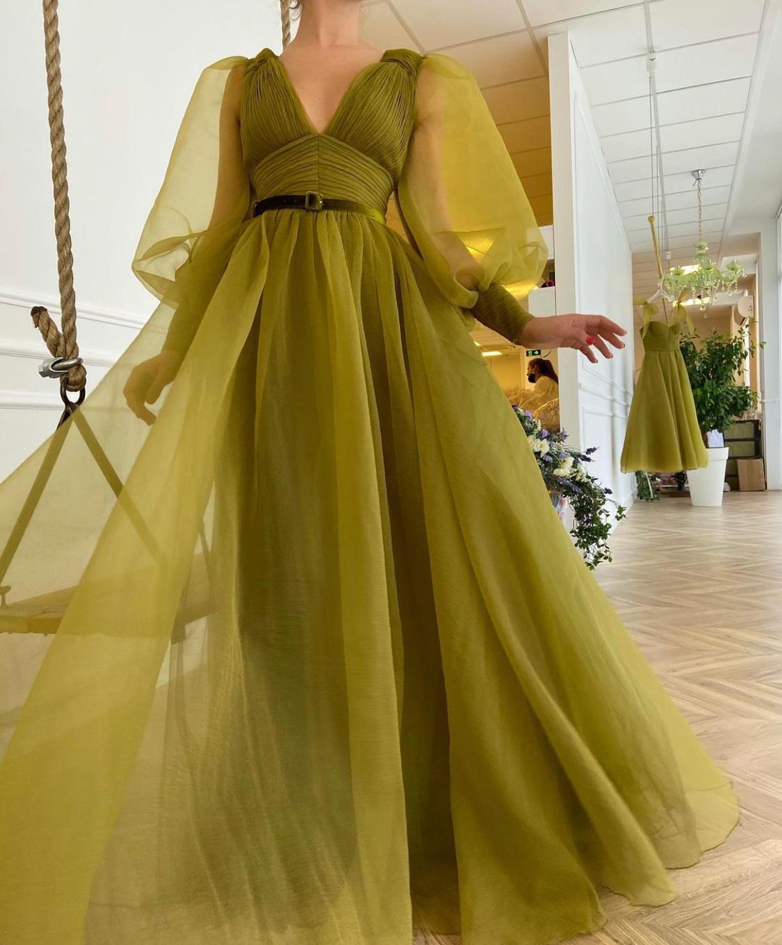Green A-Line dress with v-neck and long sleeves