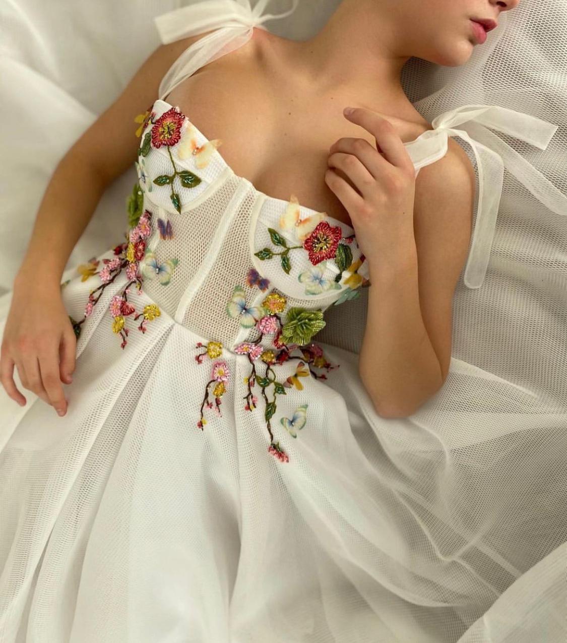 Midi white bridal dress with embroidered flowers and spaghetti straps