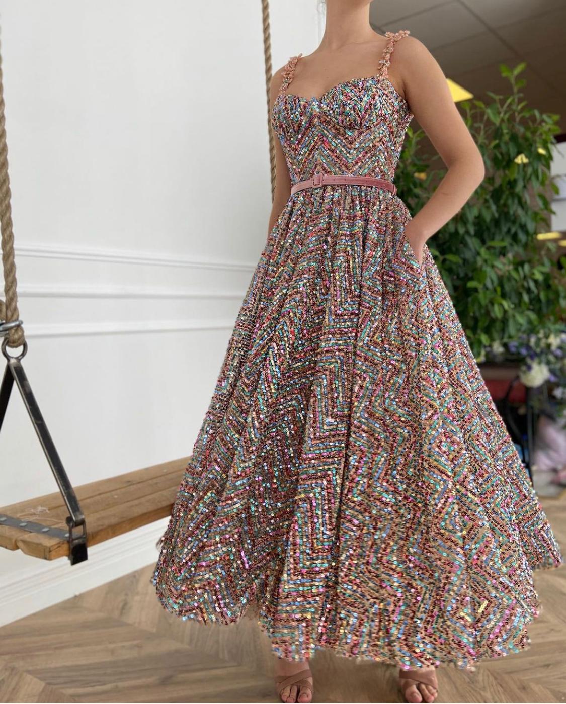 Colorful midi dress with embroidery, straps, belt and sequins