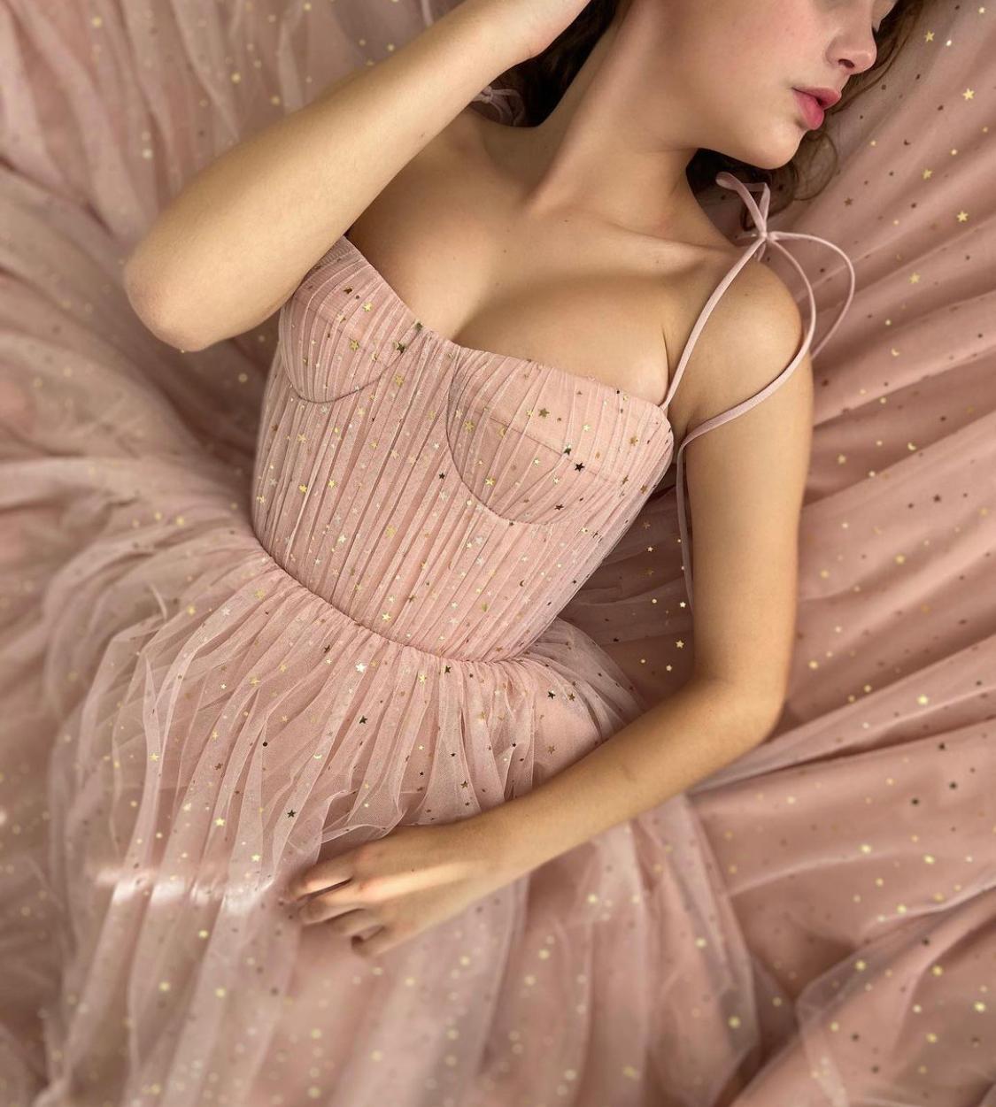 Pink A-Line dress with spaghetti straps and starry fabric