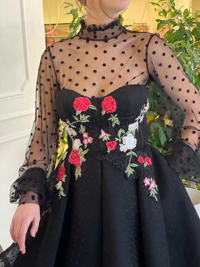 Black midi dress with long sleeves and embroidery