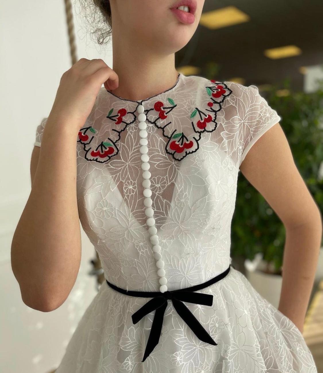 Midi white bridal dress with buttons, embroidered flowers and short sleeves