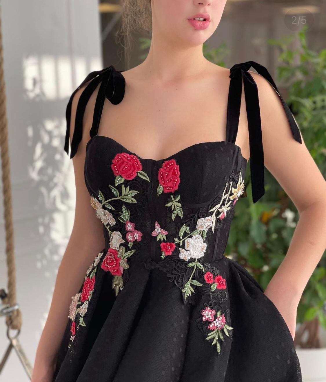 Black midi dress with bow straps and embroidery