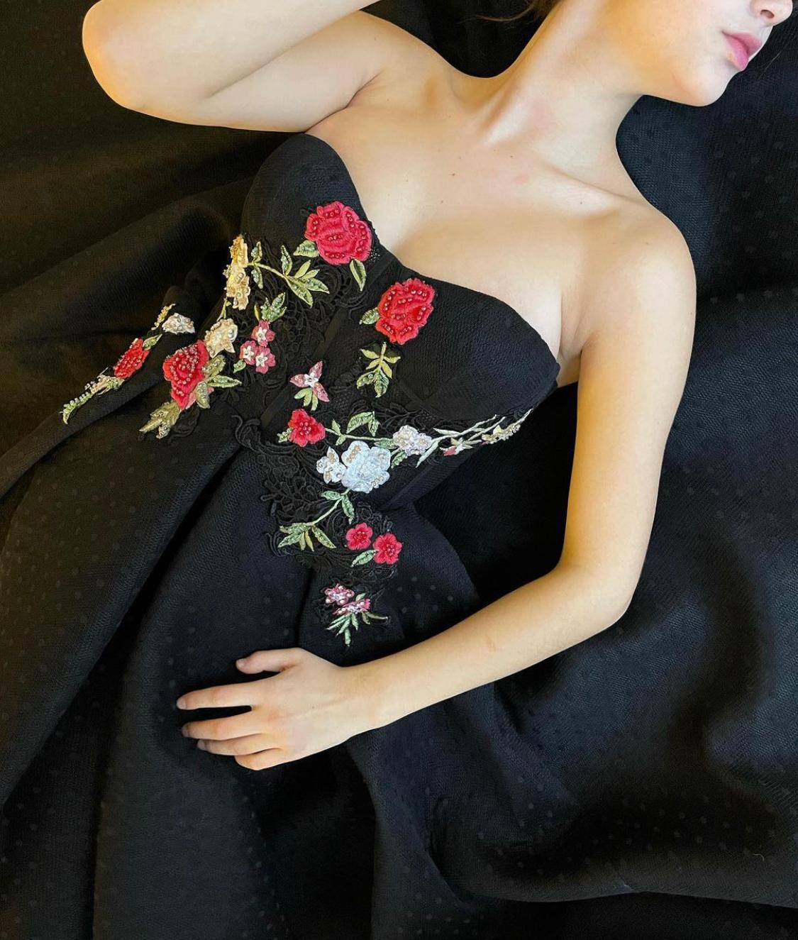 Black midi dress with bow straps and embroidery