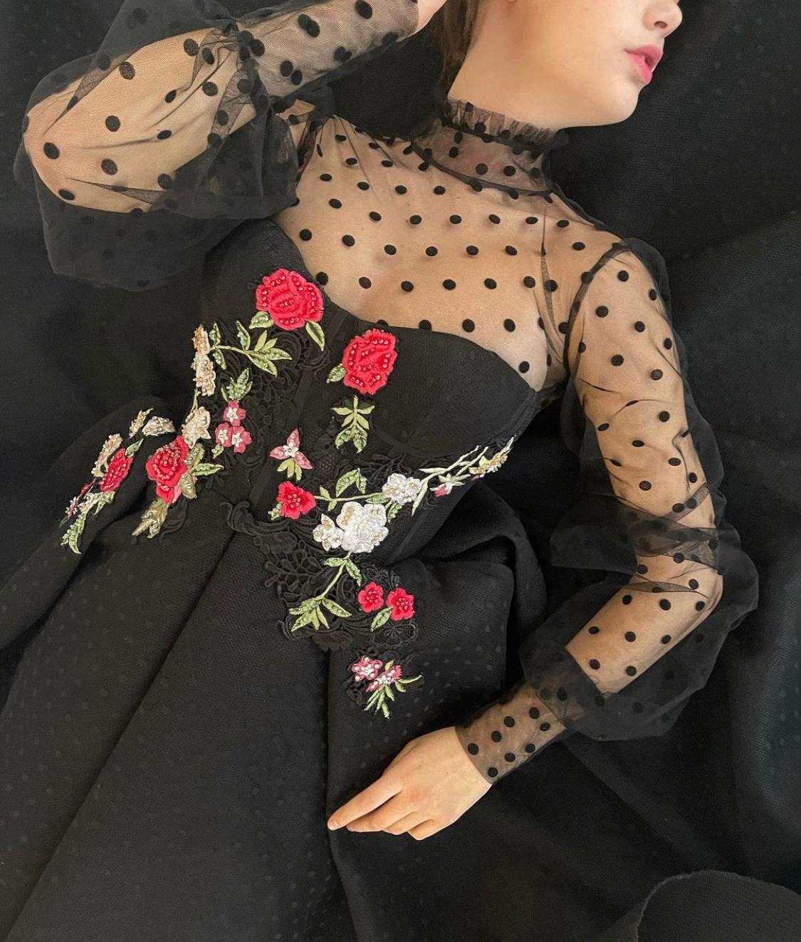 Black midi dress with long sleeves and embroidery