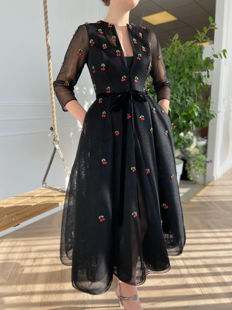 Black midi dress with long sleeves and embroidered cherries