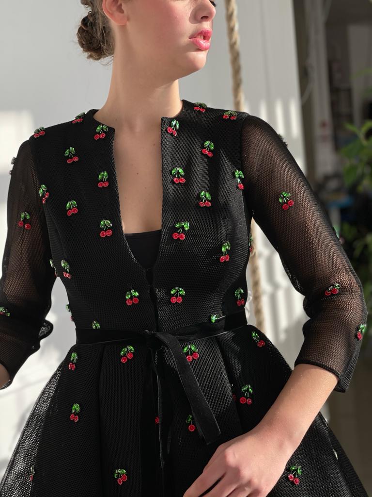 Black midi dress with long sleeves and embroidered cherries