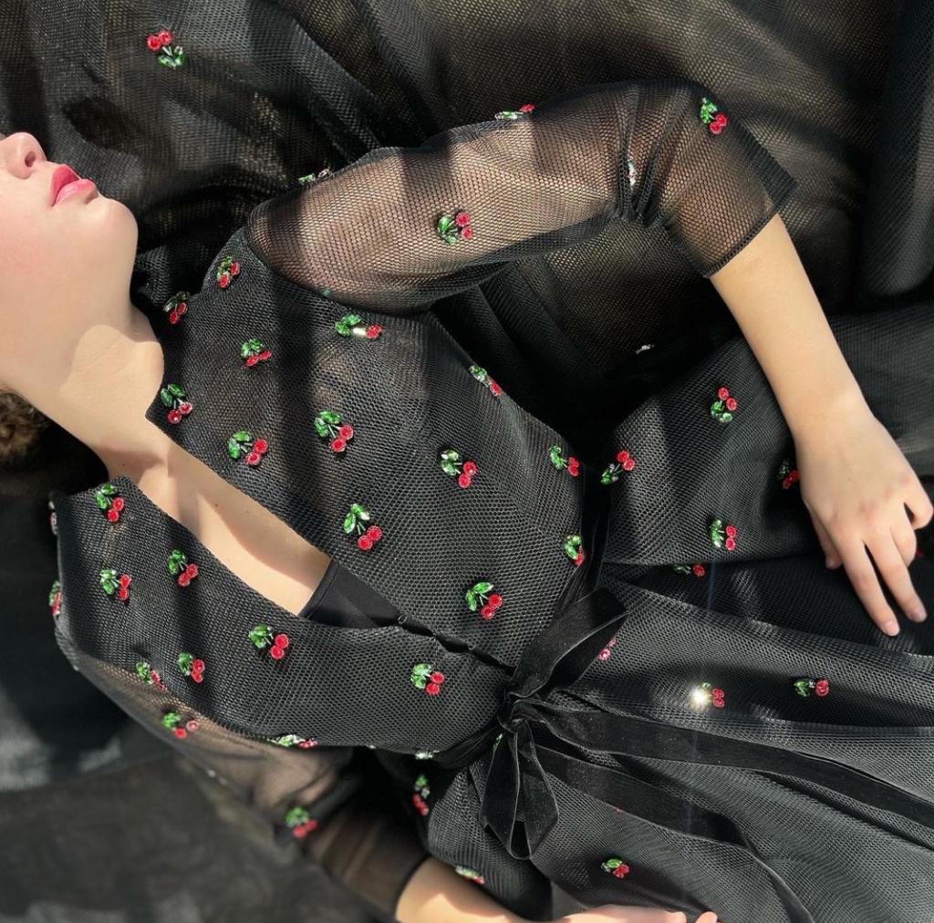 Black midi dress with long sleeves and embroidered cherries