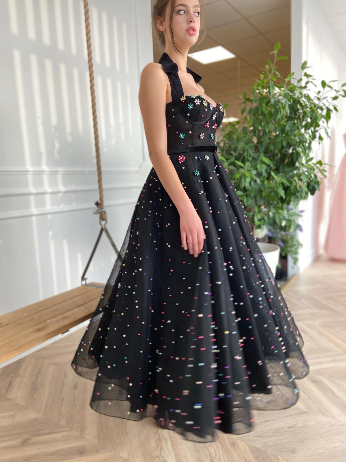 Black midi dress with straps, embroidery and belt