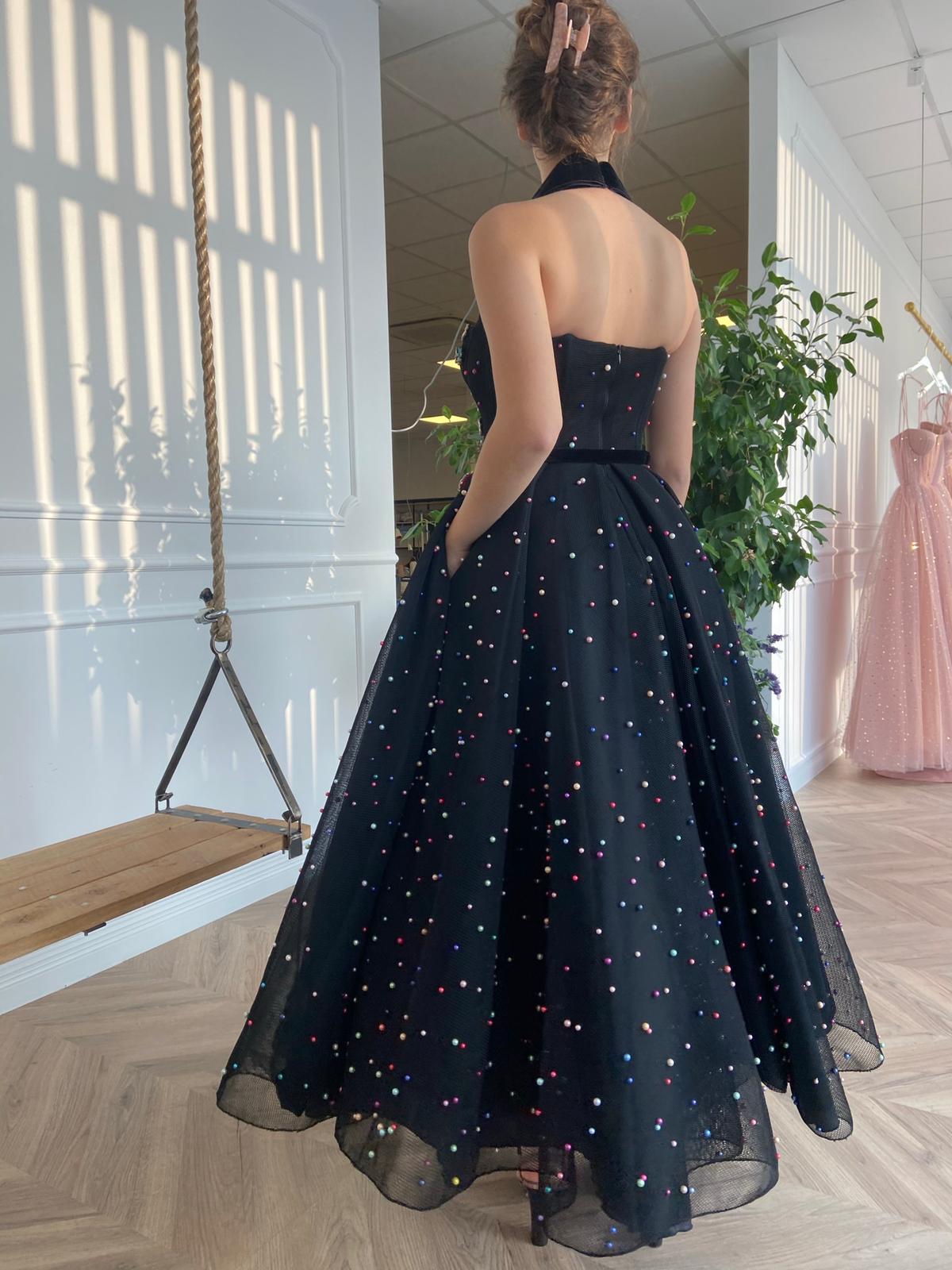 Black midi dress with straps, embroidery and belt
