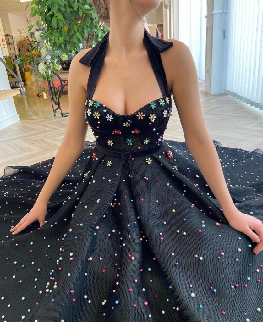 Black midi dress with straps, embroidery and belt