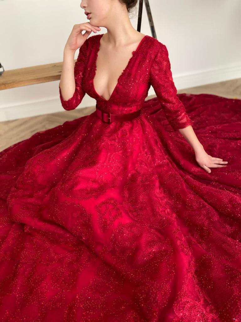 Red A-Line dress with belt, long sleeves and v-neck