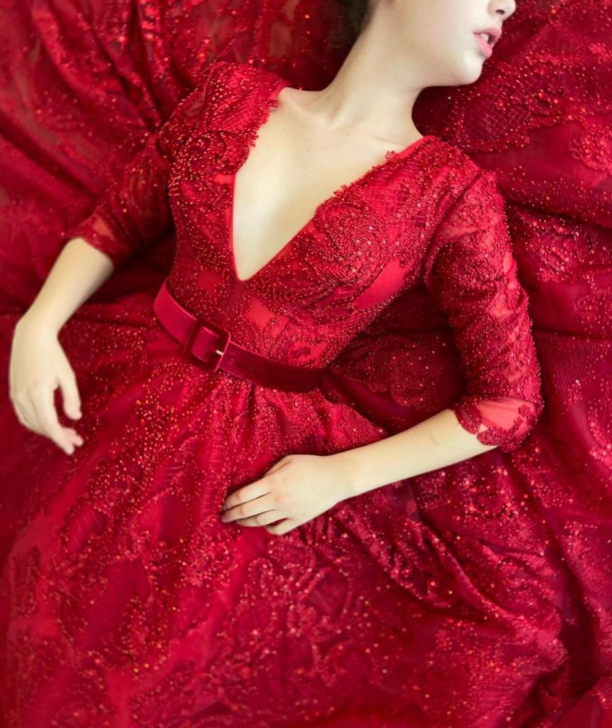 Red A-Line dress with belt, long sleeves and v-neck