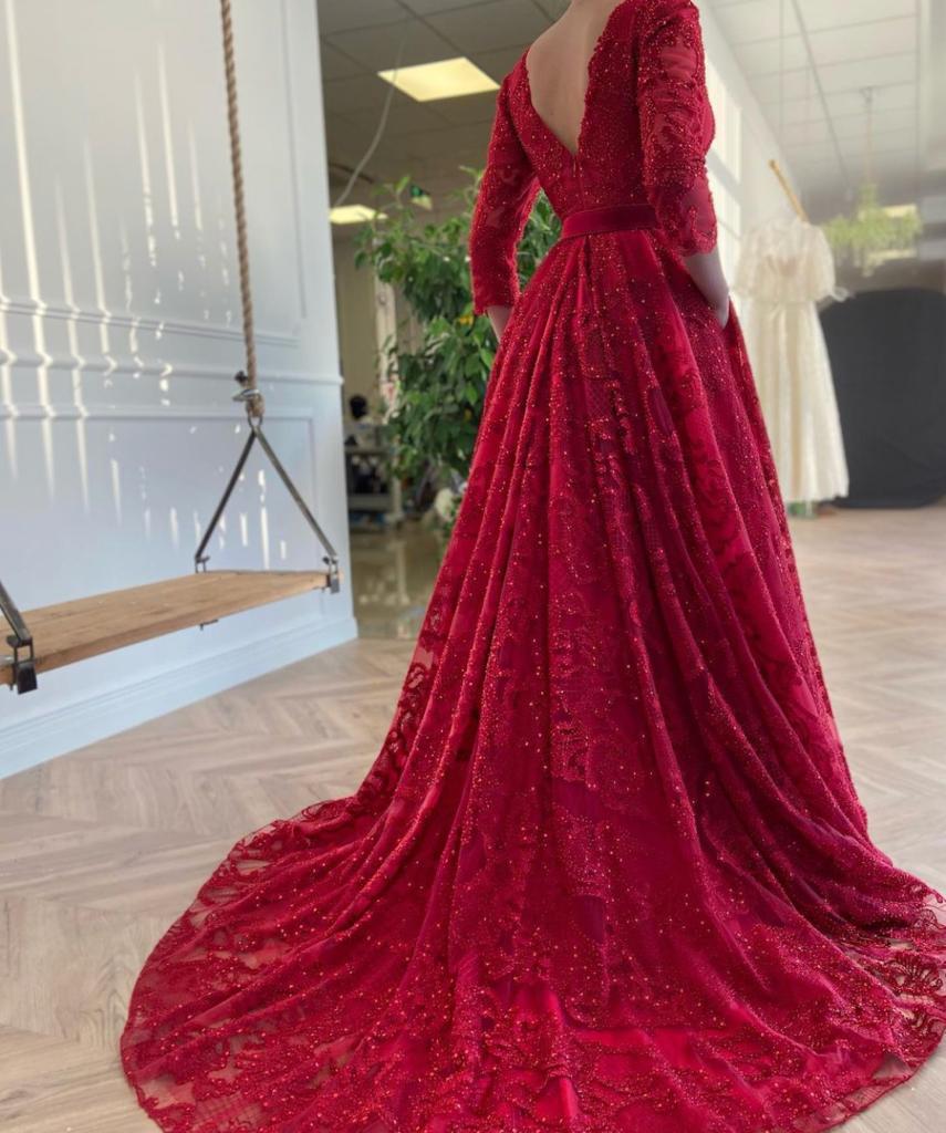 Red A-Line dress with belt, long sleeves and v-neck