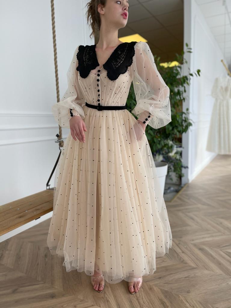 Midi beige bridal dress with buttons, dotted, embroidery and long sleeves