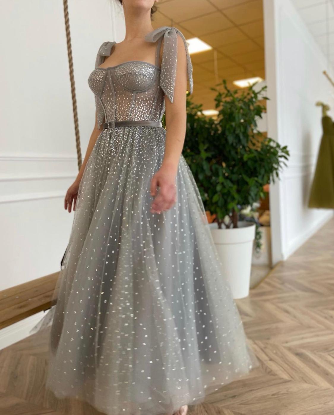 Grey midi dress with bow straps and belt
