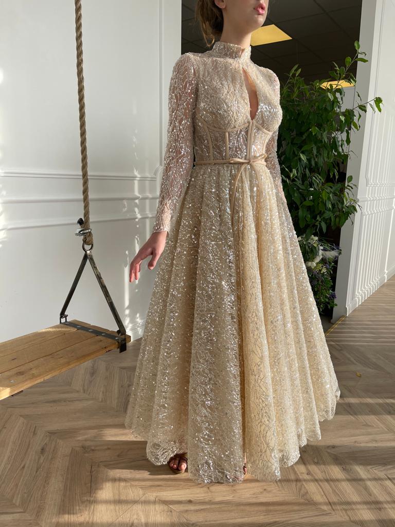Midi beige bridal dress with sparkles and long sleeves