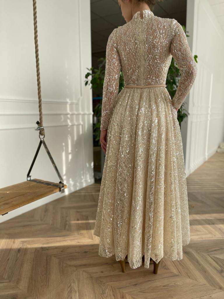 Midi beige bridal dress with sparkles and long sleeves