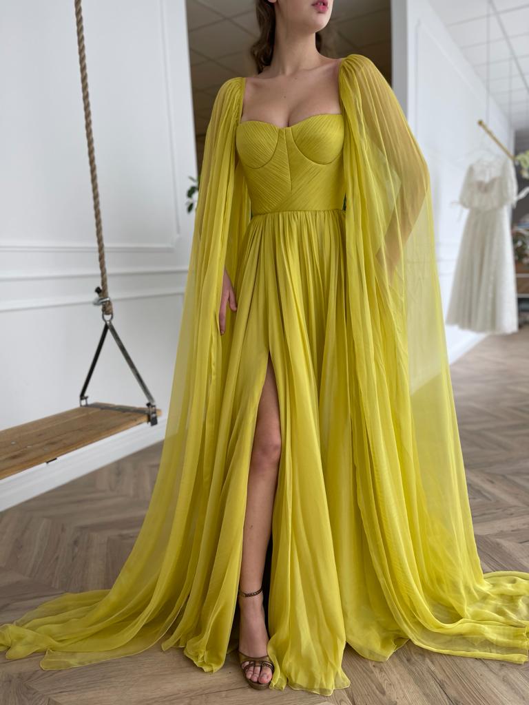 Yellow A-Line dress with cape sleeves