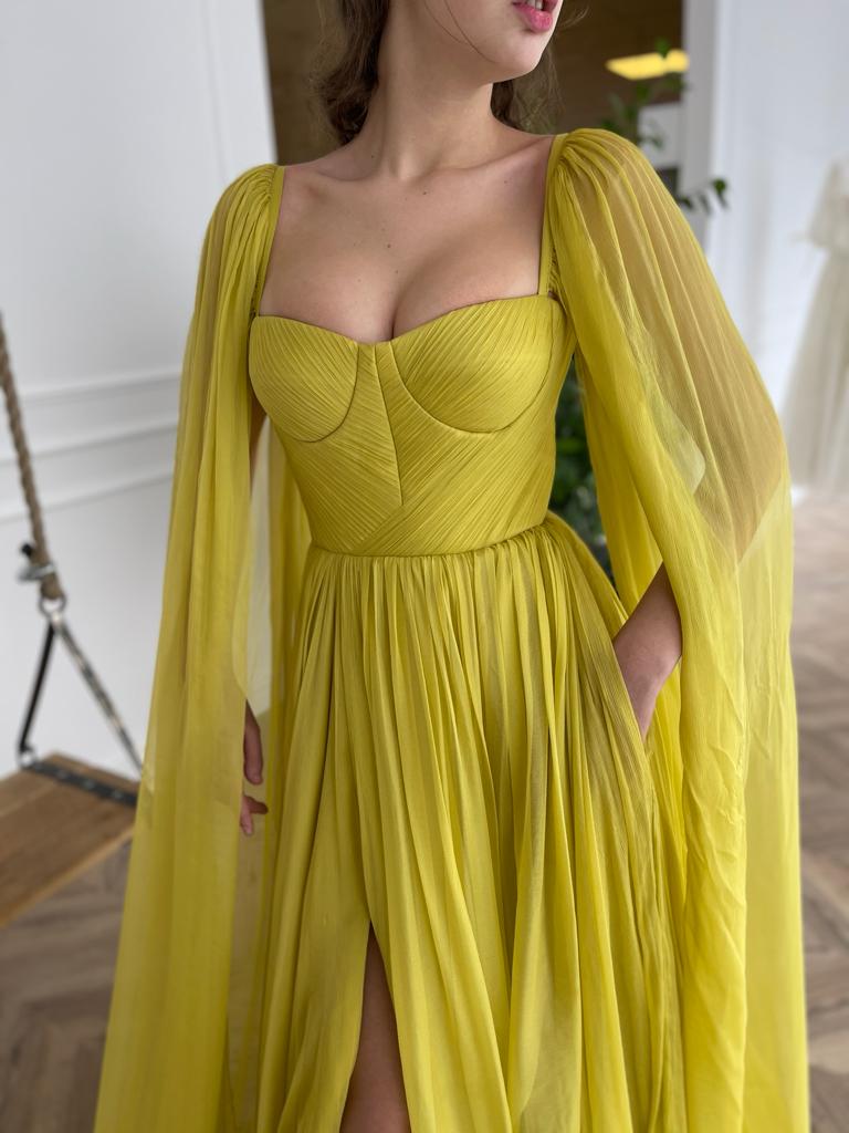 Yellow A-Line dress with cape sleeves