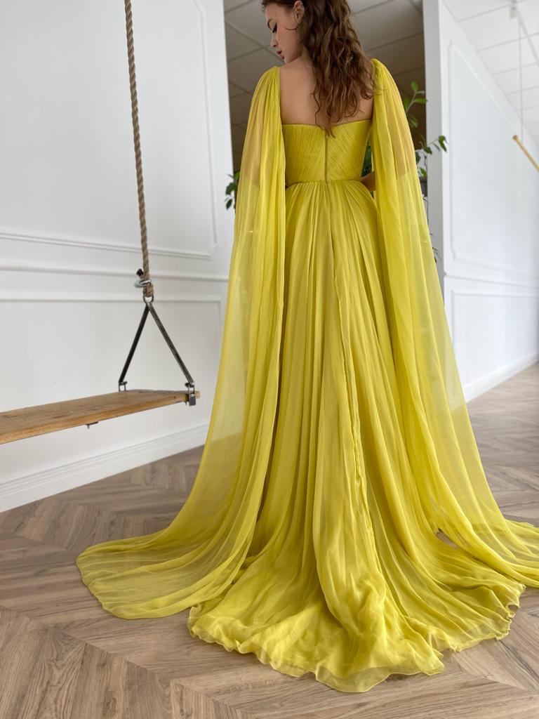 Yellow A-Line dress with cape sleeves