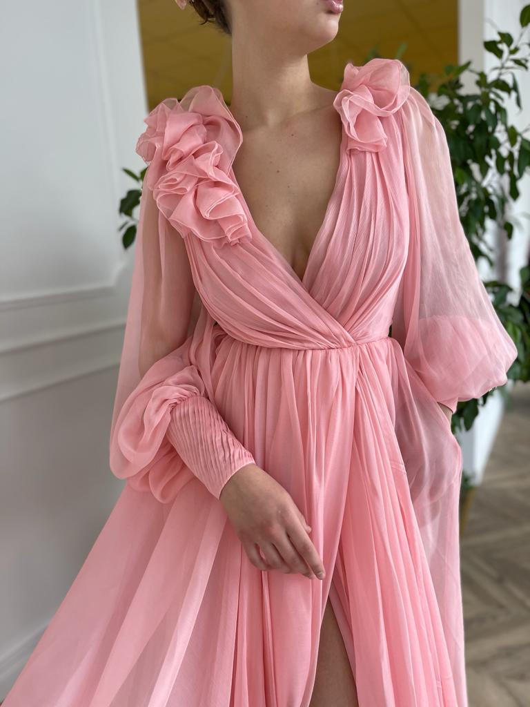 Pink A-Line dress with v-neck, long sleeves and embroidery