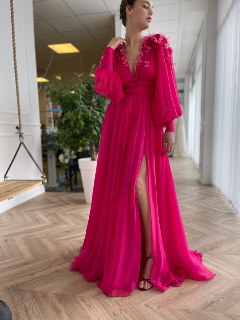 Pink A-Line dress with long sleeves, v-neck and embroidery