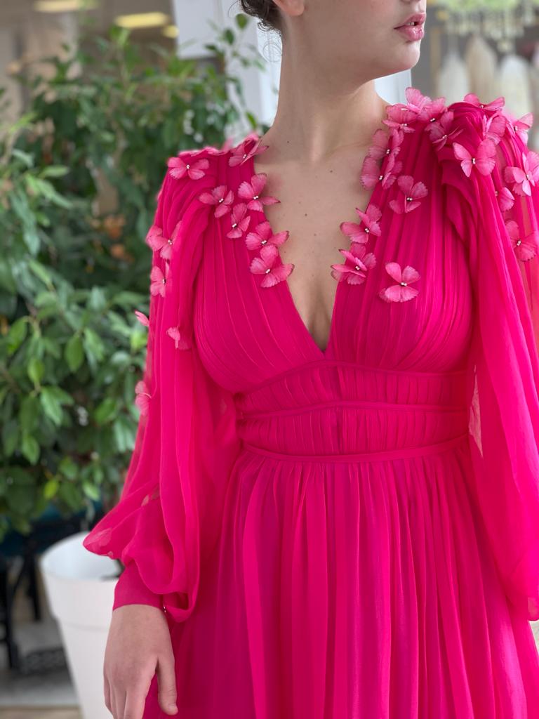 Pink A-Line dress with long sleeves, v-neck and embroidery