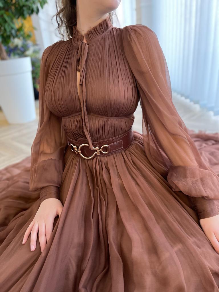 Black A-Line dress with long sleeves and belt