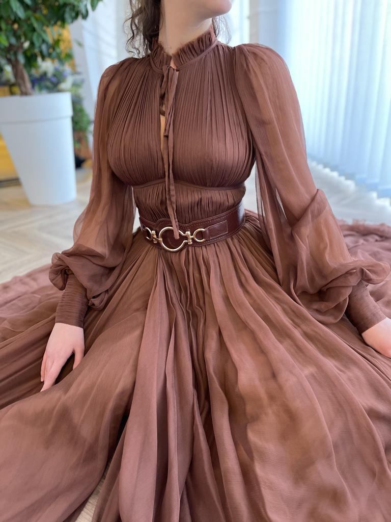 Black A-Line dress with long sleeves and belt
