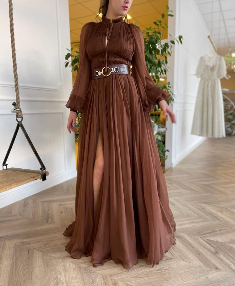 Black A-Line dress with long sleeves and belt