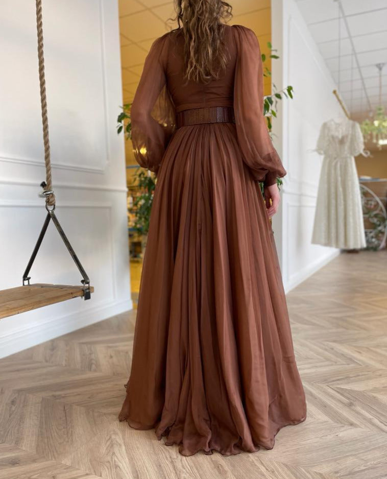 Black A-Line dress with long sleeves and belt