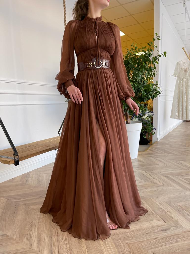 Black A-Line dress with long sleeves and belt
