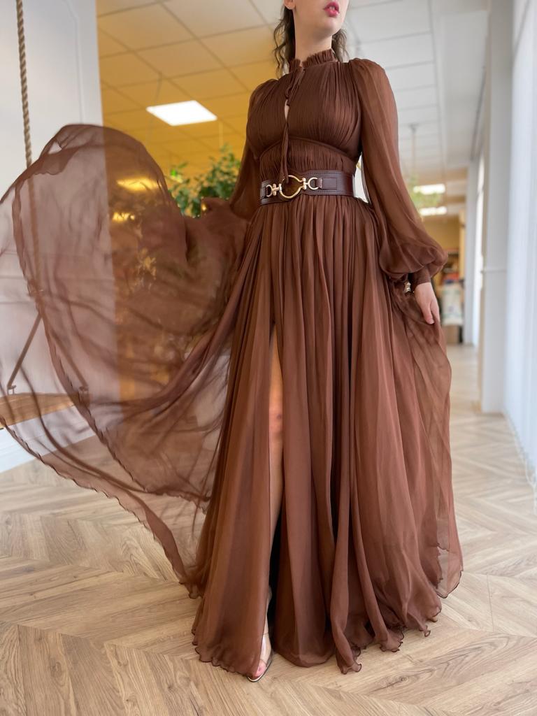 Black A-Line dress with long sleeves and belt