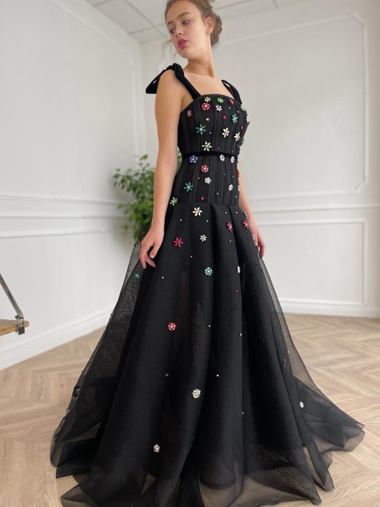 Black A-Line dress with straps and embroidery