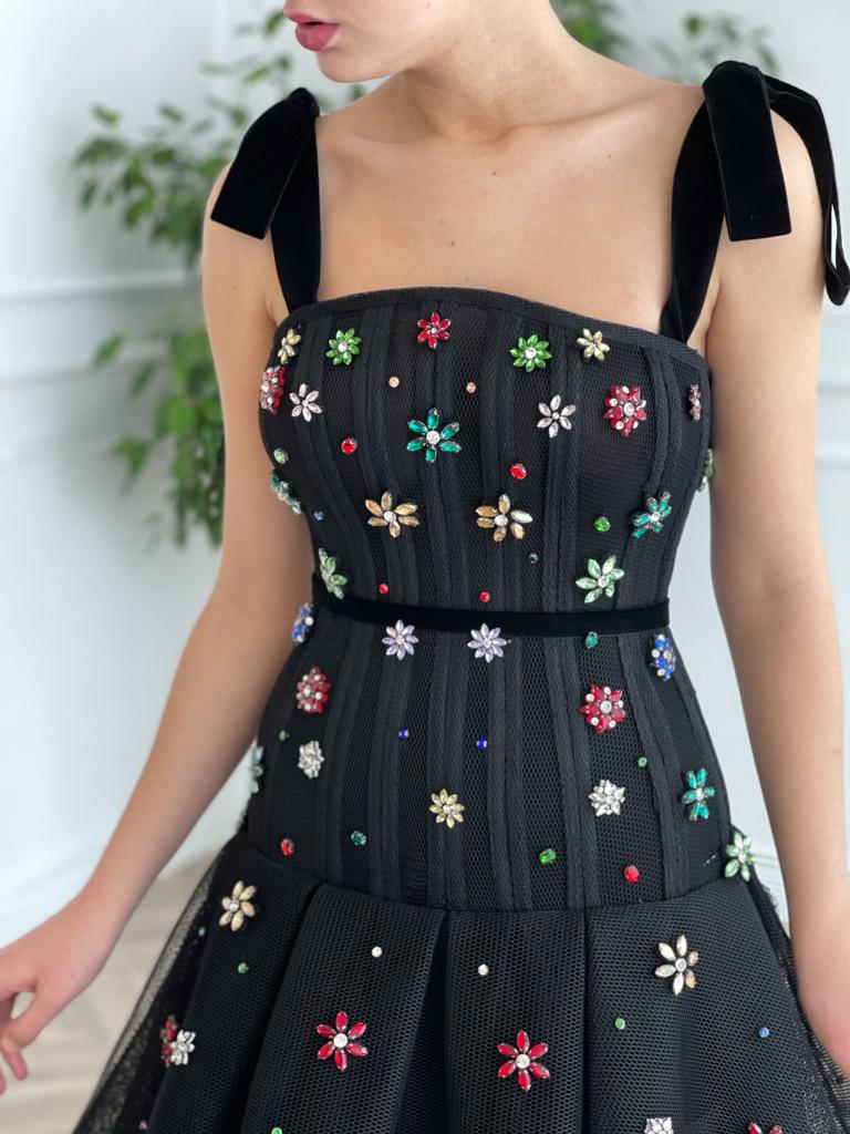 Black A-Line dress with straps and embroidery