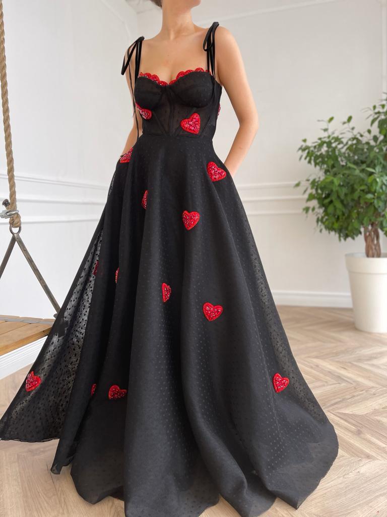 Black A-Line dotted dress with embroidered hearts and spaghetti straps