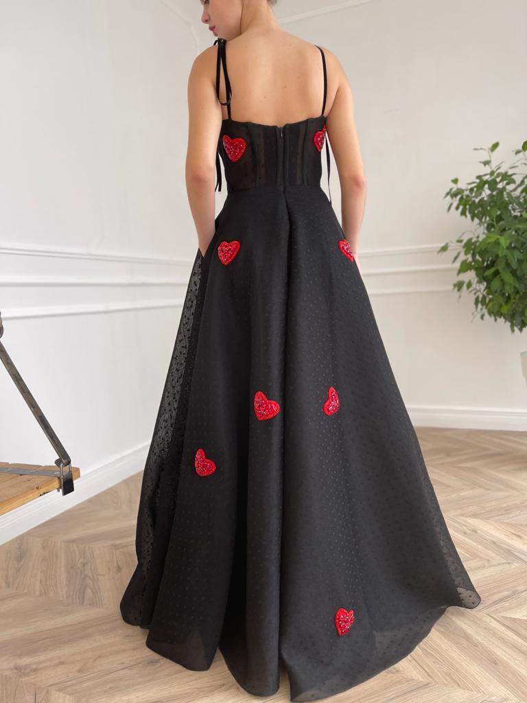 Black A-Line dotted dress with embroidered hearts and spaghetti straps