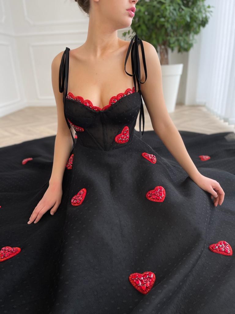 Black A-Line dotted dress with embroidered hearts and spaghetti straps