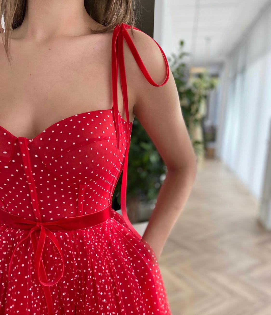Red midi dotted dress with spaghetti straps